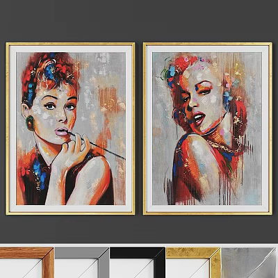 Double Golden Border Photo Frames with Colorful Artistic Portrait Paintings for Home Decor 3d model
