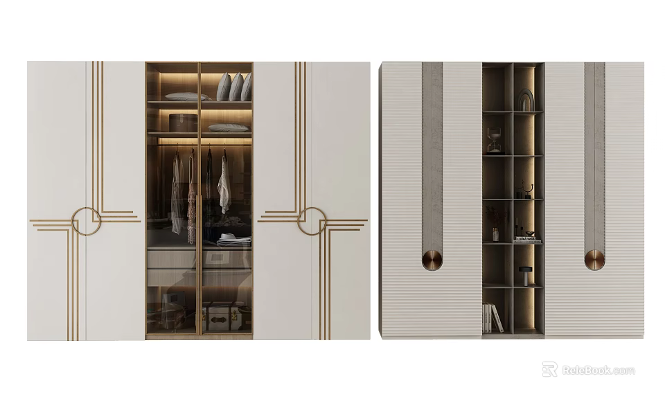 Modern White Wardrobe Design With Glass Doors Gold Accents And Open Shelves 3d model 