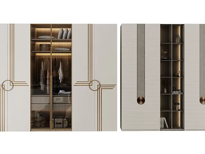 Modern White Wardrobe Design With Glass Doors Gold Accents And Open Shelves 3d model