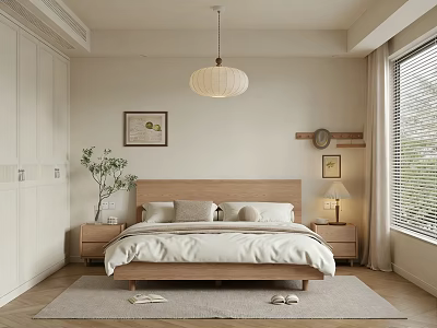 Neutral Bedroom Interior With Wooden Bed White Bedding Nightstands Potted Plant And Pendant Light 3d model