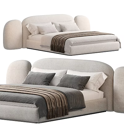 Light Colored Double Bed with Padded Headboard Pillows and Striped Blanket 3d model