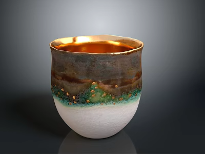 Handcrafted Decorative Ceramic Cup With Gold Rim Brown Green And White Glaze Decorative Dots 3d model