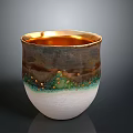 Handcrafted Decorative Ceramic Cup With Gold Rim Brown Green And White Glaze Decorative Dots
