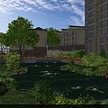 Water Fountain in Residential Garden with Pond Water Lilies Lush Greenery Trees and Blue Sky