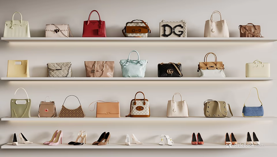 Stylish Trendy Handbags Display On Shelves With Assorted Styles And Colors 3d model 