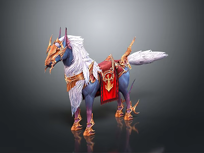 Horned Fantasy Mythical Steed With Blue Body White Mane Tail Golden Ornaments And Red Saddle 3d model
