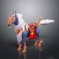 Horned Fantasy Mythical Steed With Blue Body White Mane Tail Golden Ornaments And Red Saddle