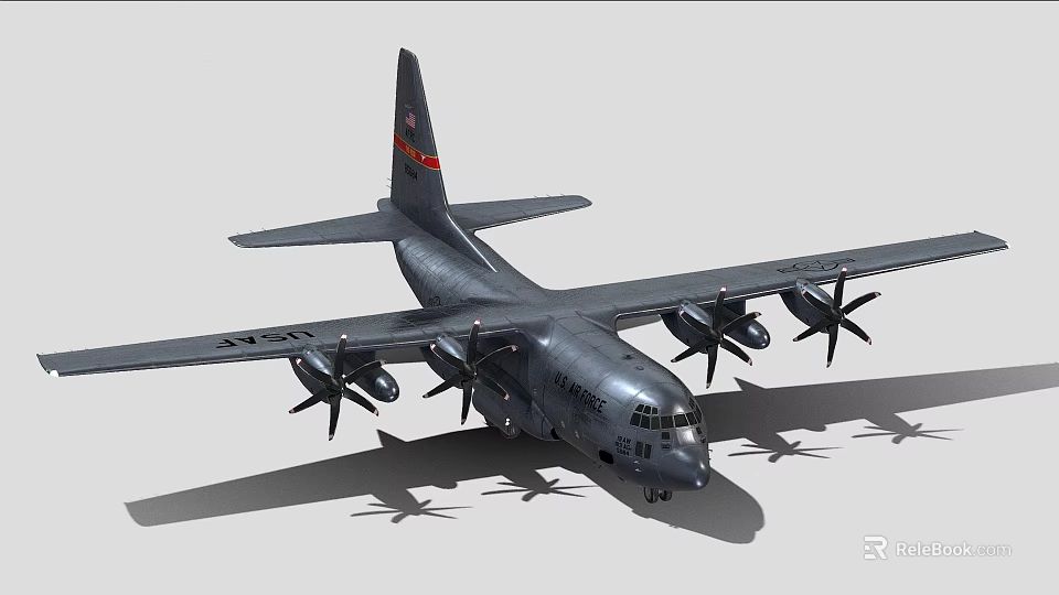 Military Transport Aircraft With Gray Body Four Propellers And Tail Insignia 3d model 