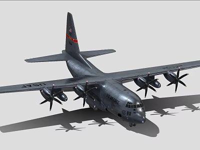Military Transport Aircraft With Gray Body Four Propellers And Tail Insignia 3d model