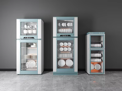 Modern Kitchen Appliances Featuring Various Color Sterilizing Cabinets With Dishes And Bowls 3d model