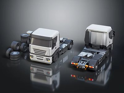 Two White Truck Models With Spare Tires On Reflective Black Surface 3d model
