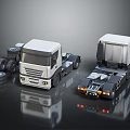 Two White Truck Models With Spare Tires On Reflective Black Surface