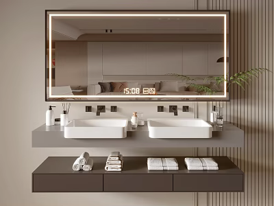 Modern Bathroom Vanity With Double Sinks Mirror Towels And Green Plant 3d model