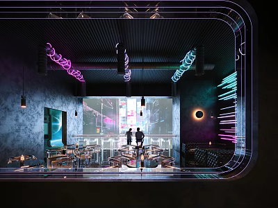 Modern Bar Interior With Neon Decorations Bar Counter And Stylish Lighting Effects 3d model