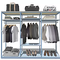 Clothing Overstock Sale Display with Hanging Shirts Coats and Shoes on Blue Rack