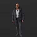A Man Wearing Gray Puffer Jacket White Shirt And Gray Pants Against Dark Background 3d model