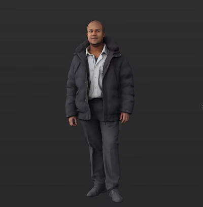 A Man Wearing Gray Puffer Jacket White Shirt And Gray Pants Against Dark Background 3d model