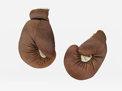 Pair of Brown Leather Boxing Gloves with Vintage Design and White Cuffs 3d model