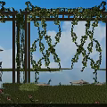 Pergola Covered With Green Vines Against Blue Sky Over Grass And Lotus Flowers