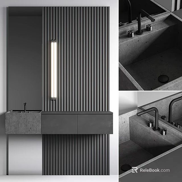 Modern Concrete Washbasin With Black Cabinets Linear Light And Striped Wall 3d model 