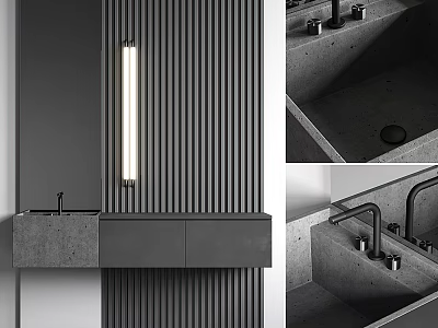Modern Concrete Washbasin With Black Cabinets Linear Light And Striped Wall 3d model