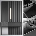 Modern Concrete Washbasin With Black Cabinets Linear Light And Striped Wall
