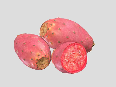 Fresh Prickly Pear Fruits Displaying Whole And Halved With Vibrant Red Flesh 3d model