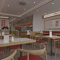 Modern Restaurant Interior With Open Kitchen Wooden Counters Red Seats And Tables