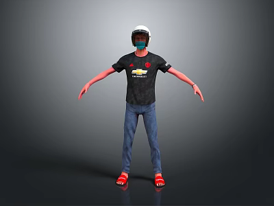 Man wearing black Chevrolet logo T-shirt blue jeans red slippers white helmet on gray background 3d model