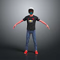 Man wearing black Chevrolet logo T-shirt blue jeans red slippers white helmet on gray background
