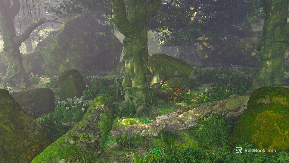 Enormous Arbor Tree With Moss Covered Trunk Rocks Low Purple Flowers And Sunlight Through Leaves 3d model 
