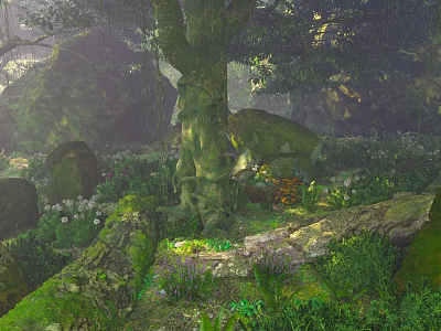 Enormous Arbor Tree With Moss Covered Trunk Rocks Low Purple Flowers And Sunlight Through Leaves 3d model