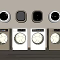 Four White Front Loading Washing Machines With Wall Mounted Dryers In Laundry Room