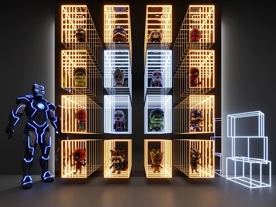 Modern Illuminated Display Cabinet With Multiple Shelves For Collectibles And Iron Man Figure 3d model