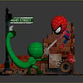 Spider Man Green Monster With Broad Main Street Signs Red Fire Hydrant Brick Wall Street
