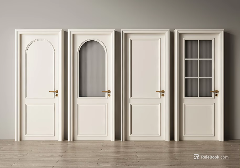 White Hinged Doors with Arched Tops Glass Panes and Golden Handles in Interior 3d model 