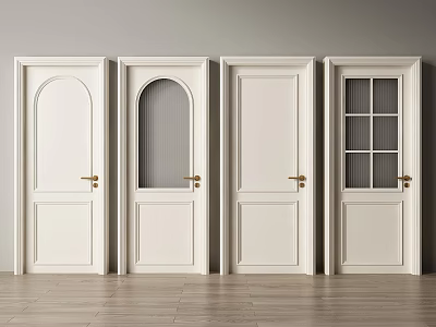 White Hinged Doors with Arched Tops Glass Panes and Golden Handles in Interior 3d model