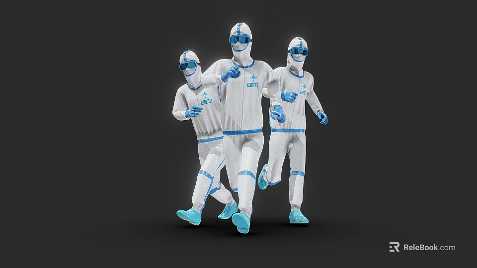 People in White Protective Suits With Blue Gloves And Shoes Running Together 3d model 