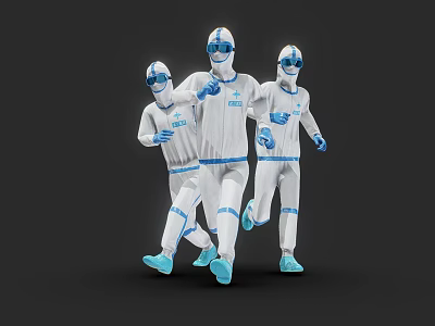 People in White Protective Suits With Blue Gloves And Shoes Running Together 3d model