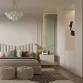 Modern Bedroom Interior Design With Bed Nightstands Chandelier Green Chair And Patterned Rug