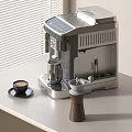 Modern Kitchen Coffee Machine With Coffee Cup And Wooden Grinder On Counter
