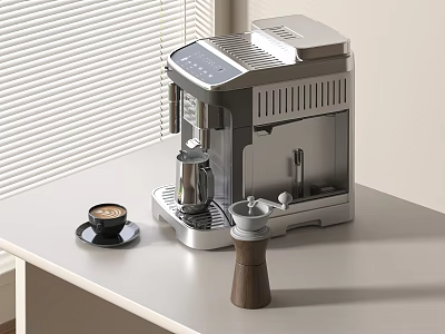 Modern Kitchen Coffee Machine With Coffee Cup And Wooden Grinder On Counter 3d model