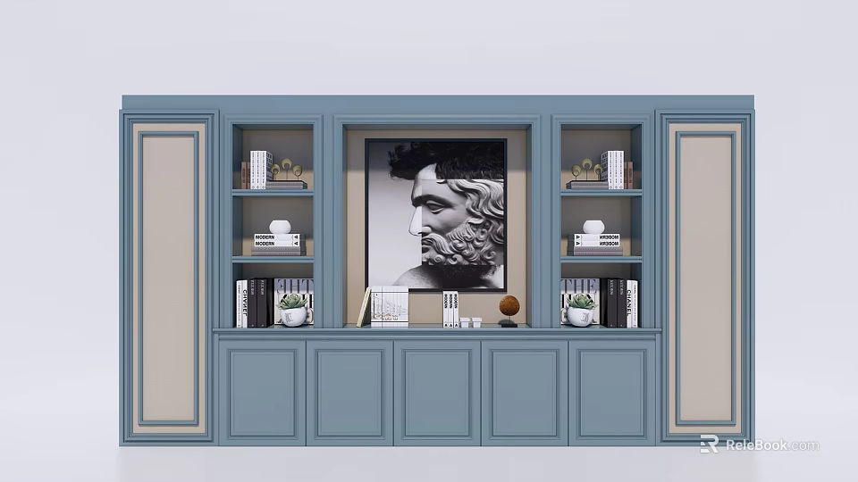 Blue Modern Bookcase With Central Art Portrait And Side Shelves Books Decorative Items 3d model 