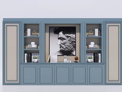 Blue Modern Bookcase With Central Art Portrait And Side Shelves Books Decorative Items 3d model