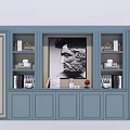 Blue Modern Bookcase With Central Art Portrait And Side Shelves Books Decorative Items