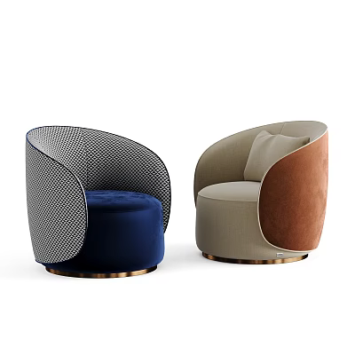 Two Modern Single Sofa Styles With Blue Beige Fabric Grid Pattern And Gold Base 3d model