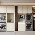 Modern Laundry Room Interior With Stackable Washing Machines Cabinets And Sink 3d model