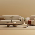 Modern Beige Sofa and Coffee Table Set with Round Table Cushion Throw Blanket and Plants