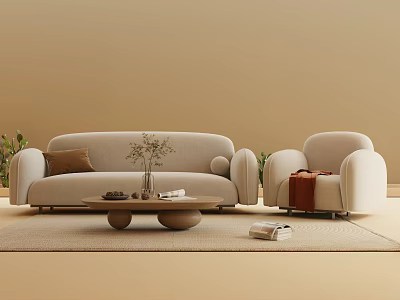Modern Beige Sofa and Coffee Table Set with Round Table Cushion Throw Blanket and Plants 3d model