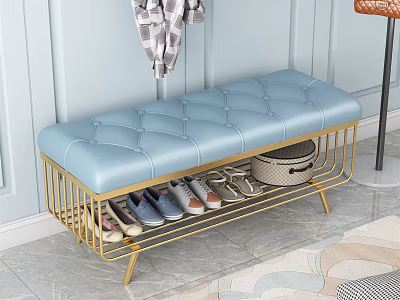 Blue Tufted Leather Sofa Bench With Gold Metal Frame And Storage Space For Shoes 3d model